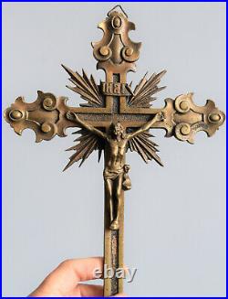 Antique French religious wall cross, crucifix bronze