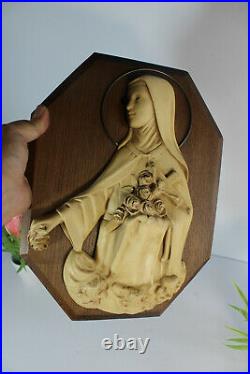 Antique French religious wall plaque chalkware figurine saint theresia angels
