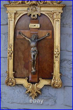 Antique French religious wood bronze wall plaque crucifix rare