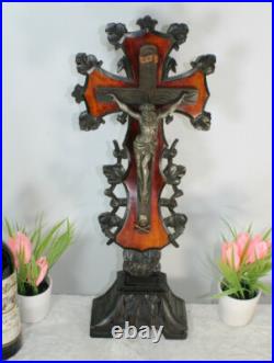 Antique French religious wood carved crucifix cross