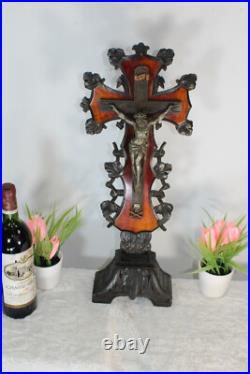 Antique French religious wood carved crucifix cross