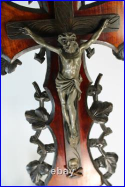 Antique French religious wood carved crucifix cross