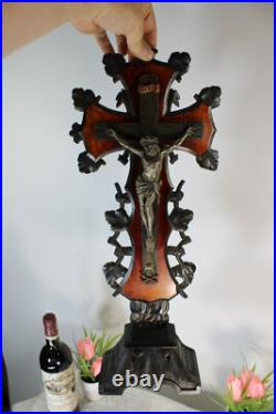 Antique French religious wood carved crucifix cross