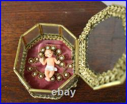 Antique French wax baby jesus in small glass box brass religious relic