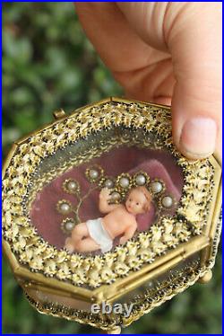 Antique French wax baby jesus in small glass box brass religious relic