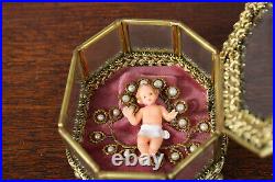 Antique French wax baby jesus in small glass box brass religious relic