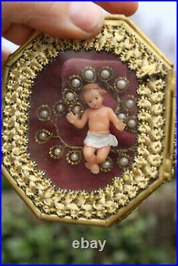 Antique French wax baby jesus in small glass box brass religious relic