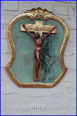 Antique French wood carved christ crucifix framed religious
