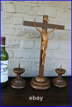 Antique French wood carved crucifix candle holder Art deco religious set