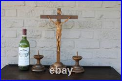 Antique French wood carved crucifix candle holder Art deco religious set