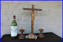 Antique French wood carved crucifix candle holder Art deco religious set