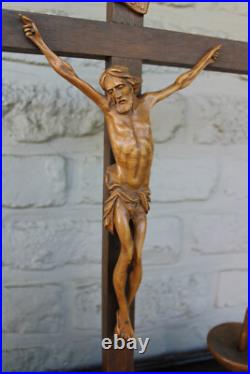 Antique French wood carved crucifix candle holder Art deco religious set