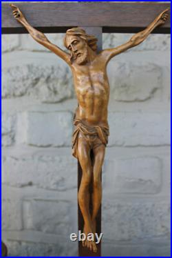 Antique French wood carved crucifix candle holder Art deco religious set