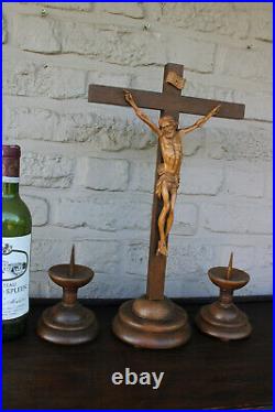 Antique French wood carved crucifix candle holder Art deco religious set