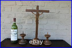 Antique French wood carved crucifix candle holder Art deco religious set