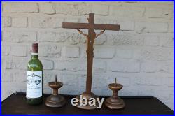 Antique French wood carved crucifix candle holder Art deco religious set