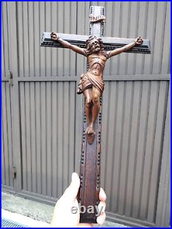 Antique French wood carved crucifix corpus christ religious