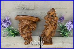 Antique French wood carved madonna statue on console religious figurine