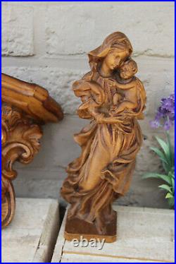 Antique French wood carved madonna statue on console religious figurine