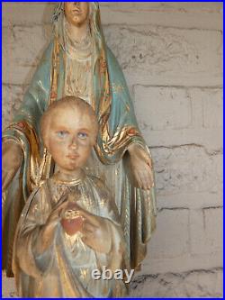 Antique French wood carved polychrome mary Jesus Statue sculpture rare religious