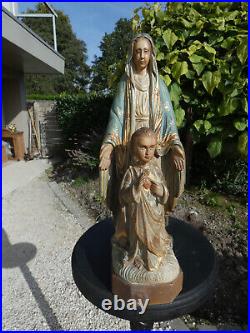 Antique French wood carved polychrome mary Jesus Statue sculpture rare religious