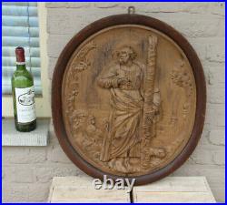 Antique French wood carved religious medaillon wall panel plaque Saint peter