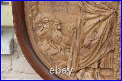 Antique French wood carved religious medaillon wall panel plaque Saint peter