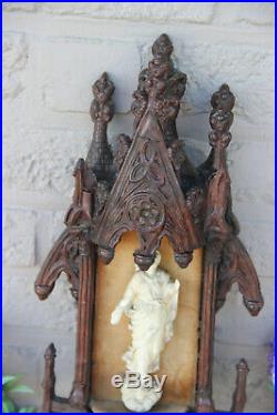 Antique French wood carved religious wall chapel meerschaum madonna neo gothic