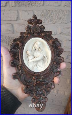 Antique French wood chalk madonna child relief wall plaque religious