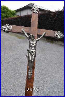 Antique French wood & metal crucifix cross religious fleur de lys