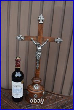 Antique French wood & metal crucifix cross religious fleur de lys