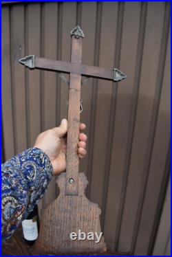Antique French wood & metal crucifix cross religious fleur de lys