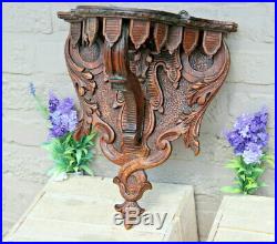 Antique French wood oak carved religious Wall console for saint statue