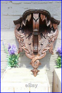 Antique French wood oak carved religious Wall console for saint statue