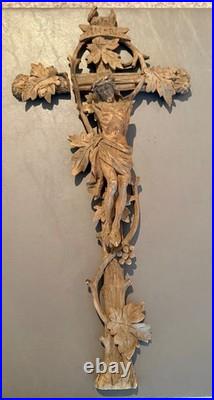 Antique German Black Forest Wood Cross Hand Carved Crucifix Religious Art 18.75