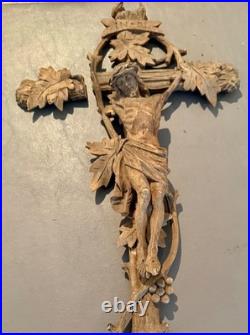 Antique German Black Forest Wood Cross Hand Carved Crucifix Religious Art 18.75