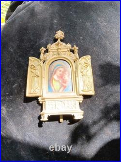 Antique German Brass And Porcelain Religious Tryptic
