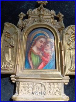 Antique German Brass And Porcelain Religious Tryptic