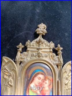 Antique German Brass And Porcelain Religious Tryptic