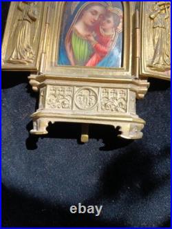 Antique German Brass And Porcelain Religious Tryptic