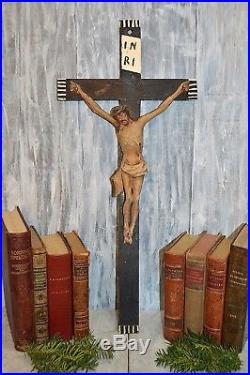 Antique German Large Carved Wood Crucifix Jesus Cross Religious Wall Mount 25