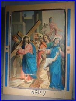 Antique German Oil Painting Station Cross Crucifixion Jesus Roman Soldier Cross