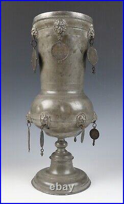 Antique German Pewter Guild Cup Pokal Tankard 18th C. Coins Religious Medals