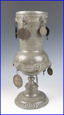 Antique German Pewter Guild Cup Pokal Tankard 18th C. Coins Religious Medals