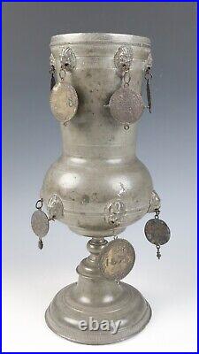 Antique German Pewter Guild Cup Pokal Tankard 18th C. Coins Religious Medals