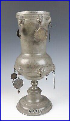 Antique German Pewter Guild Cup Pokal Tankard 18th C. Coins Religious Medals