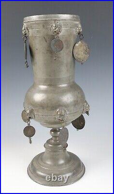 Antique German Pewter Guild Cup Pokal Tankard 18th C. Coins Religious Medals