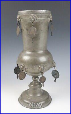 Antique German Pewter Guild Cup Pokal Tankard 18th C. Coins Religious Medals