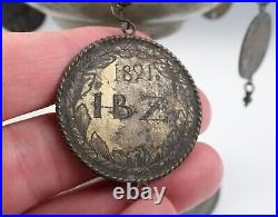 Antique German Pewter Guild Cup Pokal Tankard 18th C. Coins Religious Medals