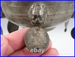 Antique German Pewter Guild Cup Pokal Tankard 18th C. Coins Religious Medals